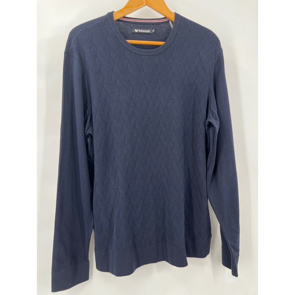 Buttercloth Mens 3XL Navy Textured Diamond Knit‎ Crewneck Sweater Cotton Blend